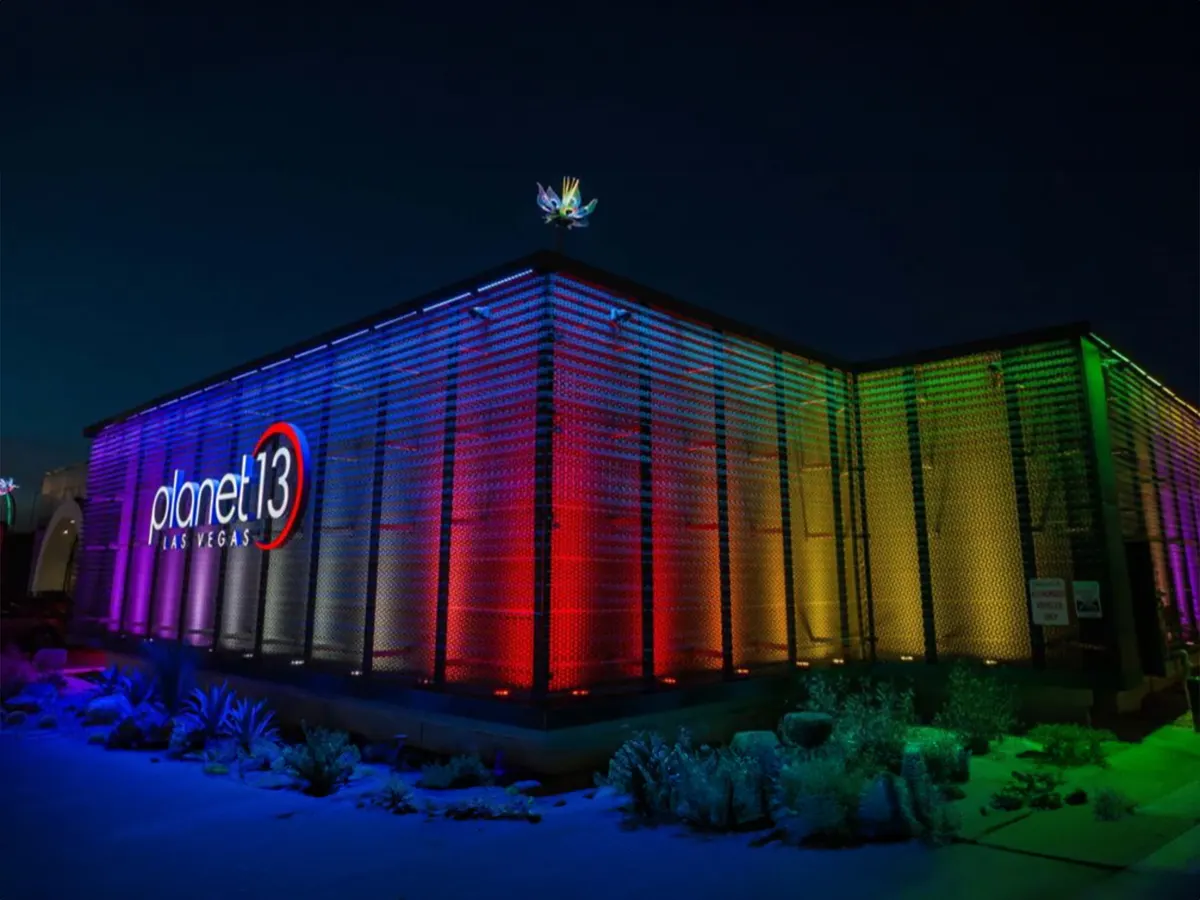 Planet 13 Las Vegas exterior lit up at night — MJBizCon after-expo party location